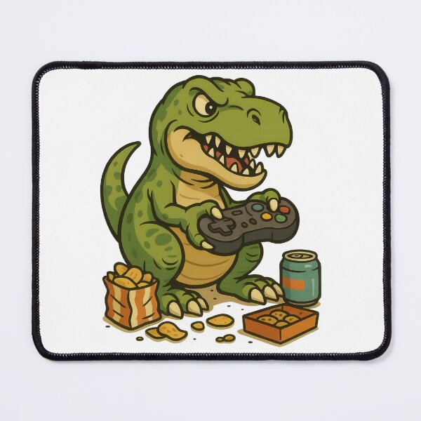 Item preview, Cartoon T-rex playing video games with snacks around designed and sold by ImagineCorner.