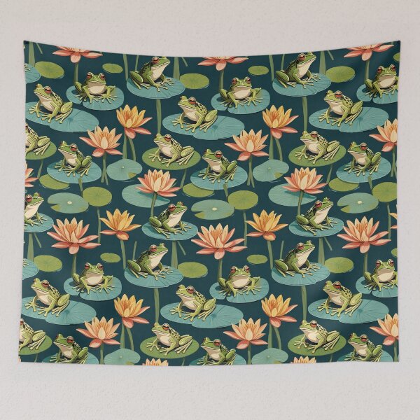 Item preview, Frogs On Lily Pads With Blooming Pink Lilies designed and sold by CarrollGene.