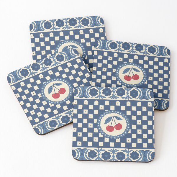Item preview, Vintage Folk Cherry Tile Pattern – Blue Floral Checkered Design designed and sold by weirdfishes123.
