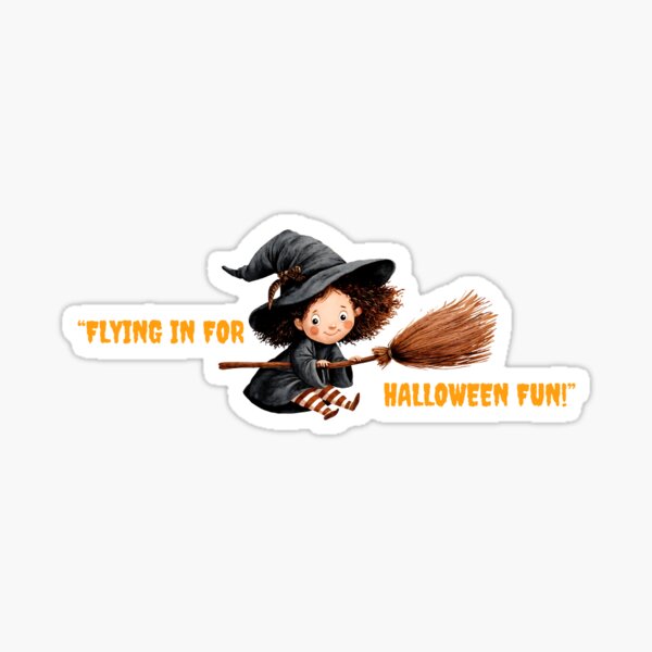 Item preview, Young witch flying on broomstick, preparing for festive Halloween fun with cheerful expression and vibrant colors designed and sold by Ms. Iryna.