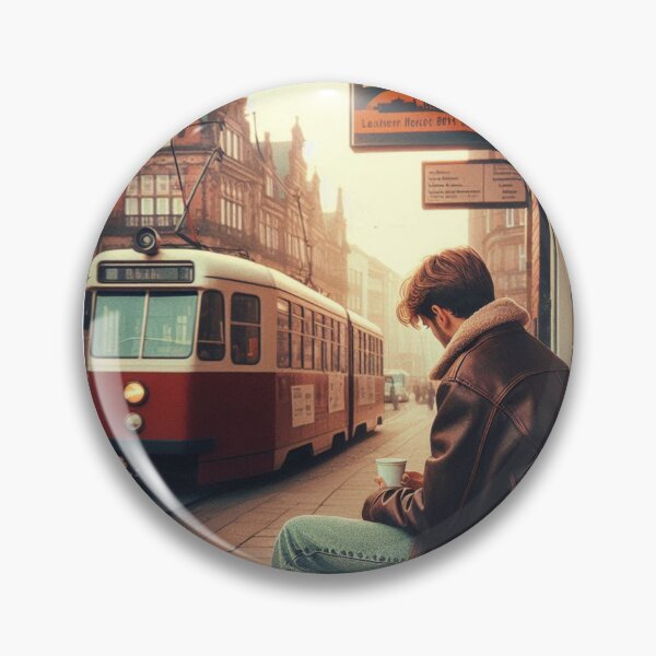 Item preview, 80s Style Bremen City Vibes – Retro Guy at Café with Train Scene | Urban Vintage Aesthetic for Travel & Fashion Fans designed and sold by knalpot-design.