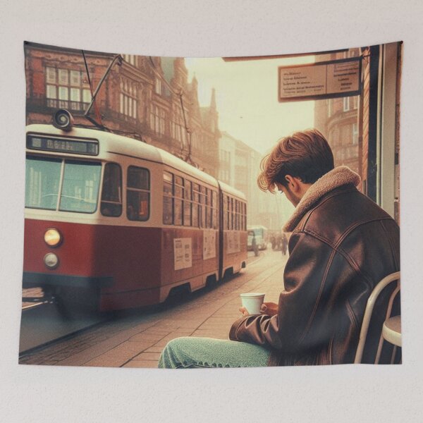 Item preview, 80s Style Bremen City Vibes – Retro Guy at Café with Train Scene | Urban Vintage Aesthetic for Travel & Fashion Fans designed and sold by knalpot-design.