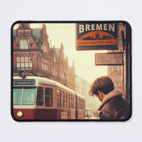 Item preview, 80s Style Bremen City Vibes – Retro Guy at Café with Train Scene | Urban Vintage Aesthetic for Travel & Fashion Fans designed and sold by knalpot-design.