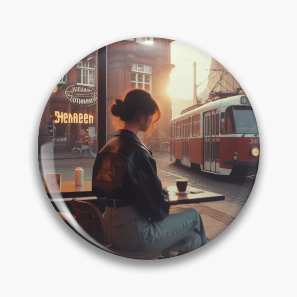 Item preview, Retro 80s Girl in Bremen City Café with Train – Realistic AI Art for Vintage Style & Urban Fashion Lovers designed and sold by knalpot-design.