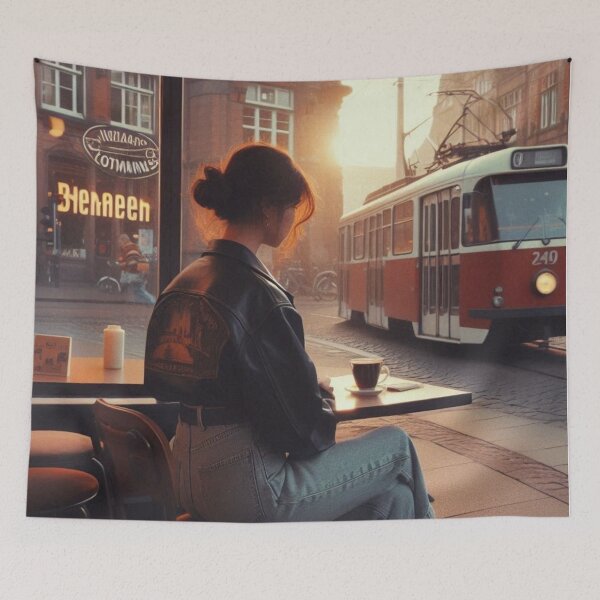 Item preview, Retro 80s Girl in Bremen City Café with Train – Realistic AI Art for Vintage Style & Urban Fashion Lovers designed and sold by knalpot-design.