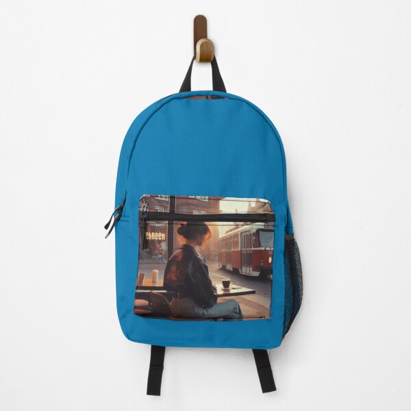 Item preview, Retro 80s Girl in Bremen City Café with Train – Realistic AI Art for Vintage Style & Urban Fashion Lovers designed and sold by knalpot-design.