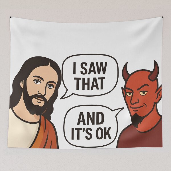 Item preview, Jesus vs Devil Meme – "I Saw That / And It’s OK" – Clean Vector Art Sticker designed and sold by WAUZ.