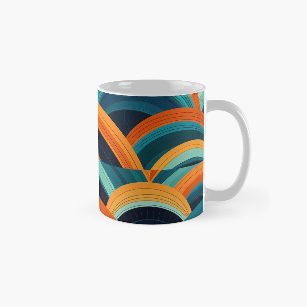 Mid-Century Dreamscape: Teal and Orange Curved Lines Pattern Pillow