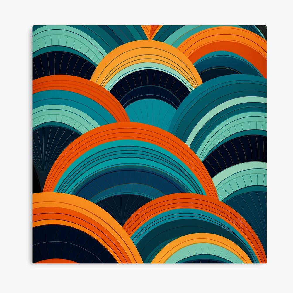 Mid-Century Dreamscape: Teal and Orange Curved Lines Pattern Pillow