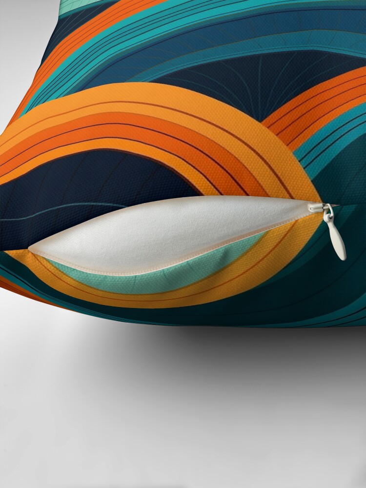 Mid-Century Dreamscape: Teal and Orange Curved Lines Pattern Pillow