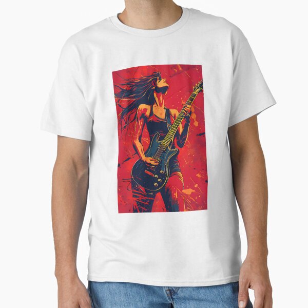 Vista previa del artículo con la obra «Arte digital imprimible de una guitarrista estilo cómic de blues para tazas, camisetas y más», diseñado y vendido por manuelsdesign.