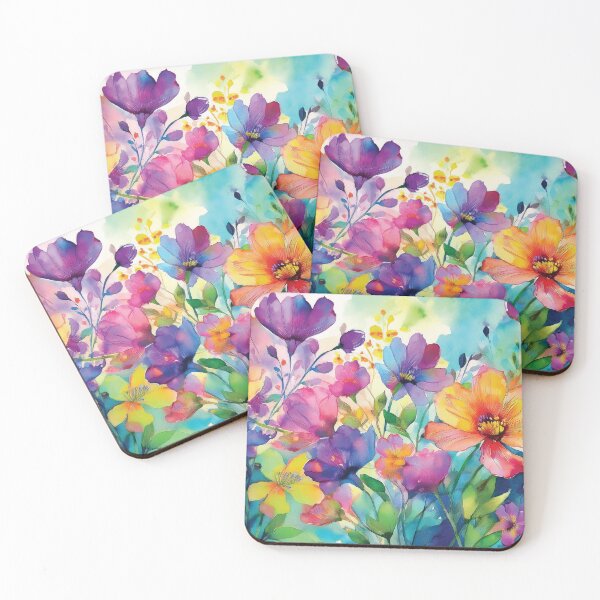 Item preview, Colourful Rainbow VINTAGE FLOWERS , multicolor and gold wildflower watercolour garden, colourful alcohol ink effect, bright vivid floral spring painting  designed and sold by navitalidesign.