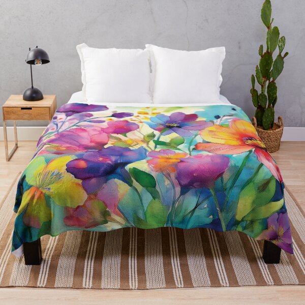 Item preview, Colourful Rainbow VINTAGE FLOWERS , multicolor and gold wildflower watercolour garden, colourful alcohol ink effect, bright vivid floral spring painting  designed and sold by navitalidesign.