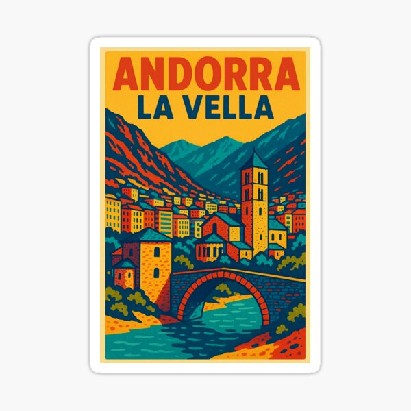 Aperçu de l'œuvre Affiche Pop Art Rétro d'Andorre-la-Vieille | Impression d'une ville de montagne dynamique | Illustration numérique de voyage | Décoration murale colorée des Pyrénées | Paysage urbain d'inspiration vintage créée et vendue par PaintedPixels01.