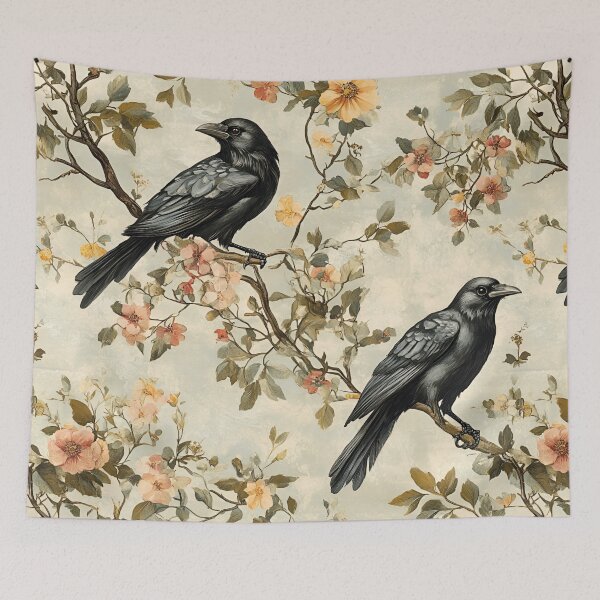 Aperçu de l'œuvre Motif de corbeau, organe floral, feuilles vertes, arbre créée et vendue par Art-Crafter.