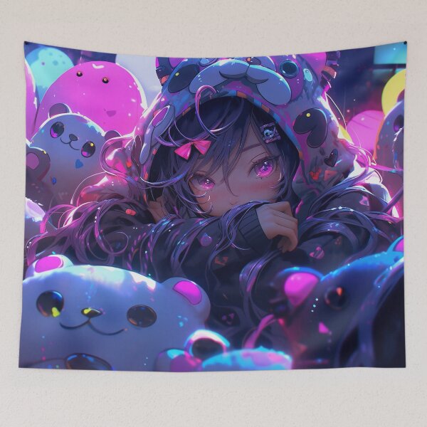Item preview, Neon Kawaii Girl with Plush Bears designed and sold by bubblegoth.