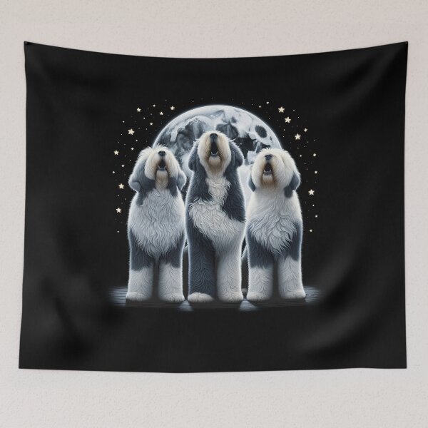 Item preview, Three Old English Sheepdogs Howling at Moon Like Three Wolves Funny Lover designed and sold by Kimberley King Art  King Art.
