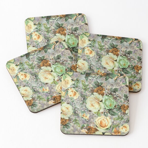 Item preview, Retro Roses and Violets all over pattern in greens and creams designed and sold by PhaedraArt.