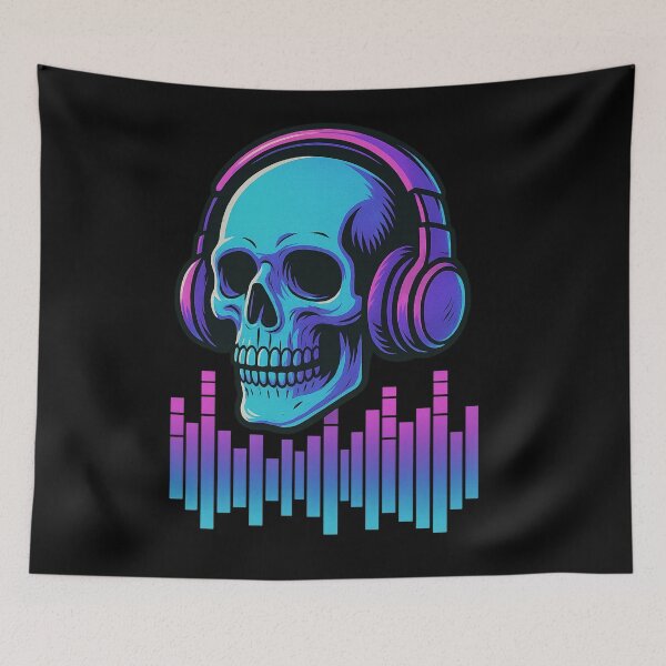 Item preview, DJ Skull with Headphones – Neon Synthwave Music Art – Skull Beats Vibes designed and sold by VIBE CRAFT STUDIO.