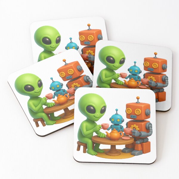 Item preview, Alien Tea Party with Robots – Funny Retro 3D Sci-Fi Design designed and sold by WolfPixelRo.