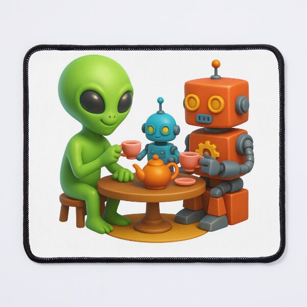 Item preview, Alien Tea Party with Robots – Funny Retro 3D Sci-Fi Design designed and sold by WolfPixelRo.