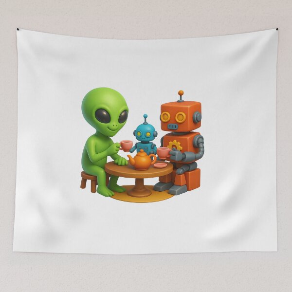Item preview, Alien Tea Party with Robots – Funny Retro 3D Sci-Fi Design designed and sold by WolfPixelRo.