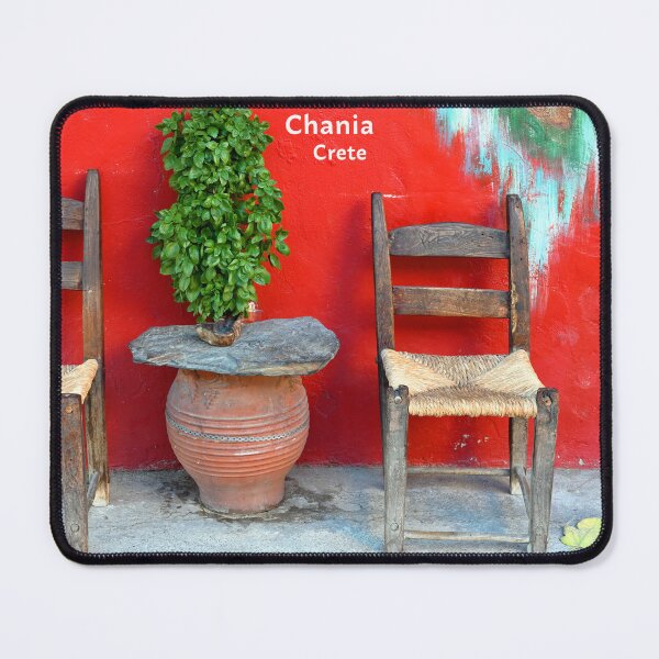 Item preview, Chania, Crete, two traditional greek chairs and a red wall designed and sold by studio838.