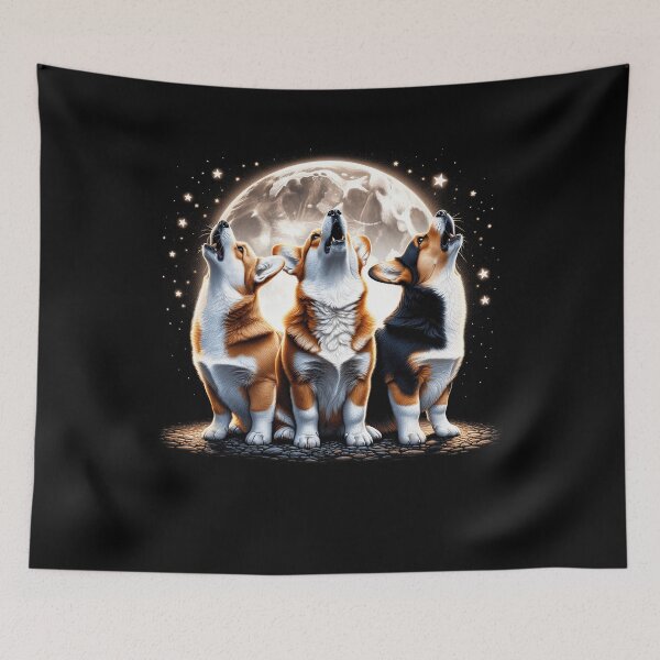Item preview, Three Pembroke Welsh Corgis Howling at Moon Like Three Wolves Funny designed and sold by Kimberley King Art  King Art.