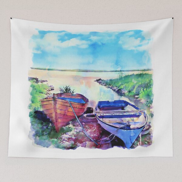 Item preview, Two Boats on a Lake – Serene Watercolor Scene designed and sold by caracatita75.