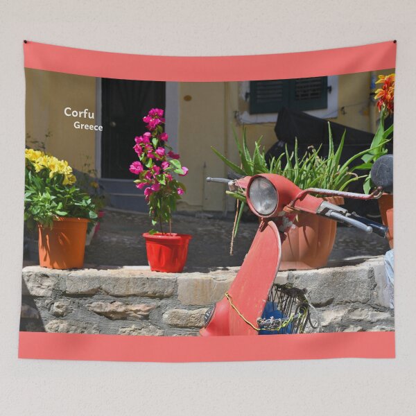 Item preview, Corfu island, Greece, Vintage red scooter and flowers designed and sold by studio838.