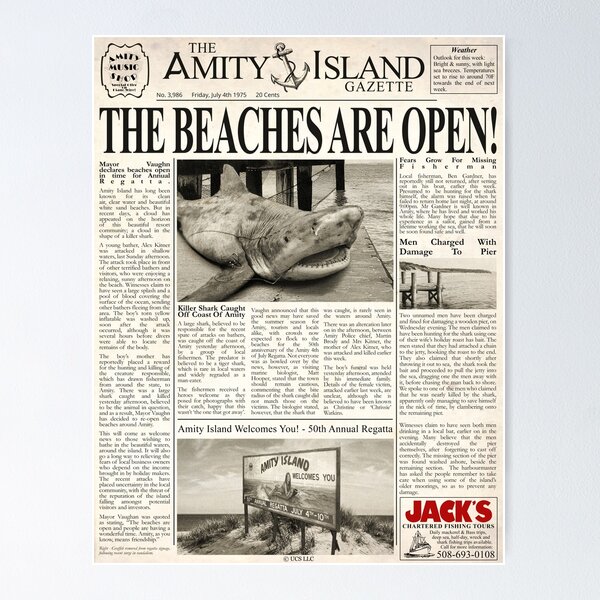 Item preview, Jaws inspired "Amity Island Gazette" Newspaper - Film Movie designed and sold by Corvid Media Creation.