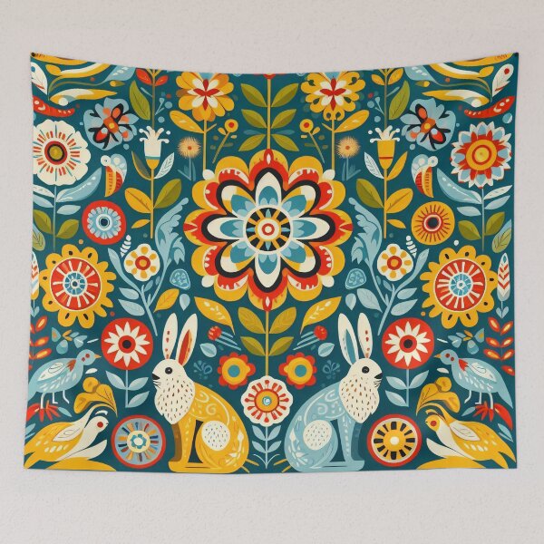 Item preview, Scandinavian Folk Art Charming Hares and Birds in a Folk Garden by heidiannemorris © designed and sold by FOLK ART FUSION by heidiannemorris.