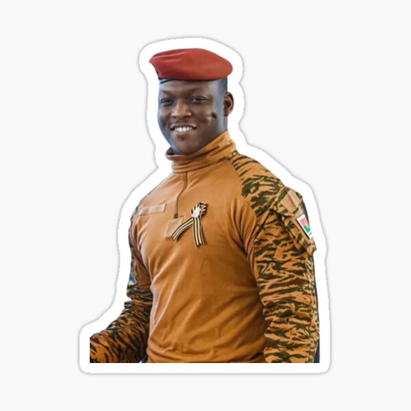 Item preview, President Ibrahim Traoré – Smiling Portrait in military uniform and red beret designed and sold by ArtistrySky.