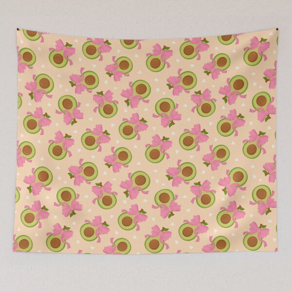 Item preview, cute avocados and pink coquette bows on cream beige scattered hearts background pattern designed and sold by artgeige.
