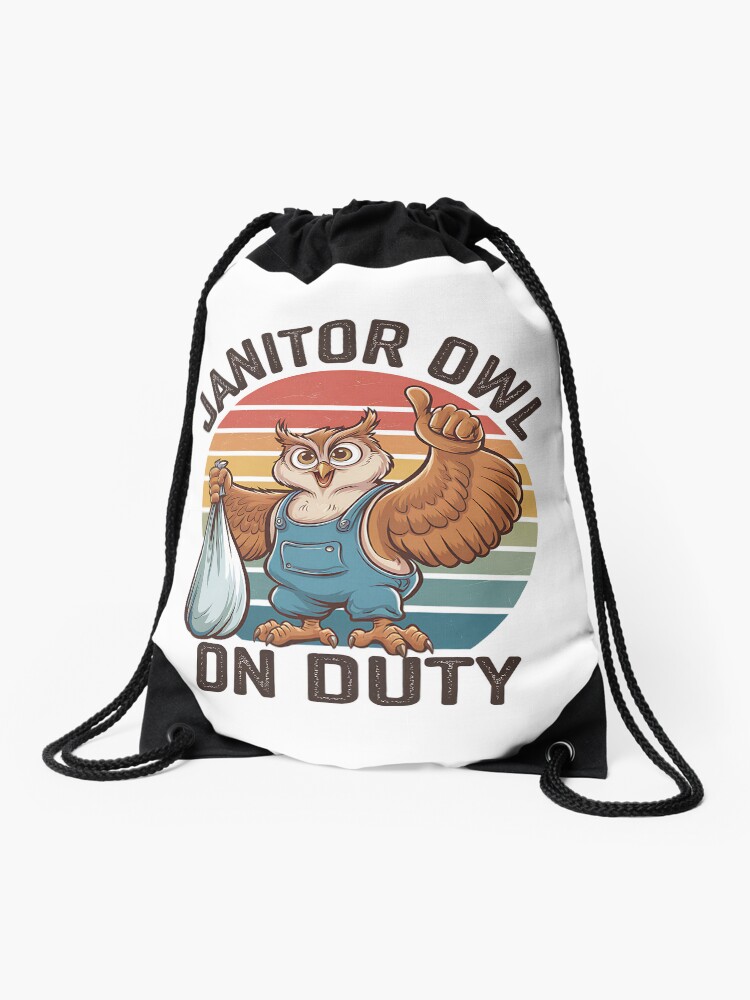 Thumbnail 1 of 3, Drawstring Bag, Janitor Owl On Duty Funny Work Mascot designed and sold by Taans-Creation.