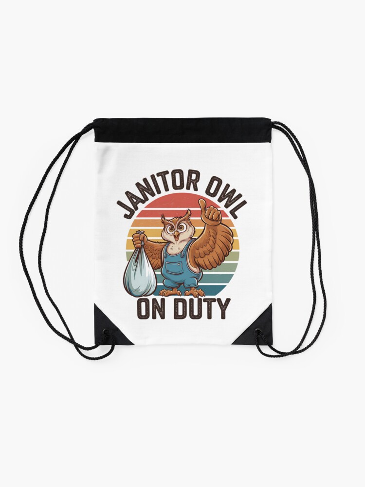 Thumbnail 2 of 3, Drawstring Bag, Janitor Owl On Duty Funny Work Mascot designed and sold by Taans-Creation.