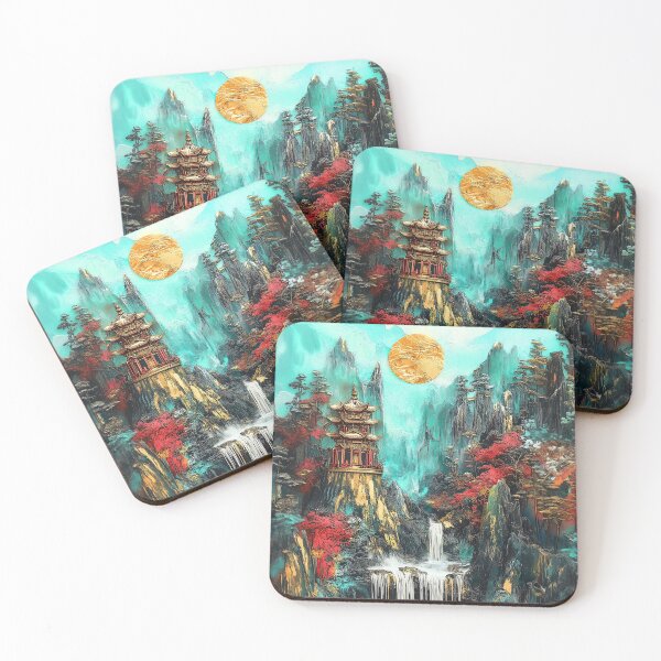 Item preview, Gold Moon and Oriental Temple overlooking Japanese river - Fantasy Asian art designed and sold by TheArtistOf2022.