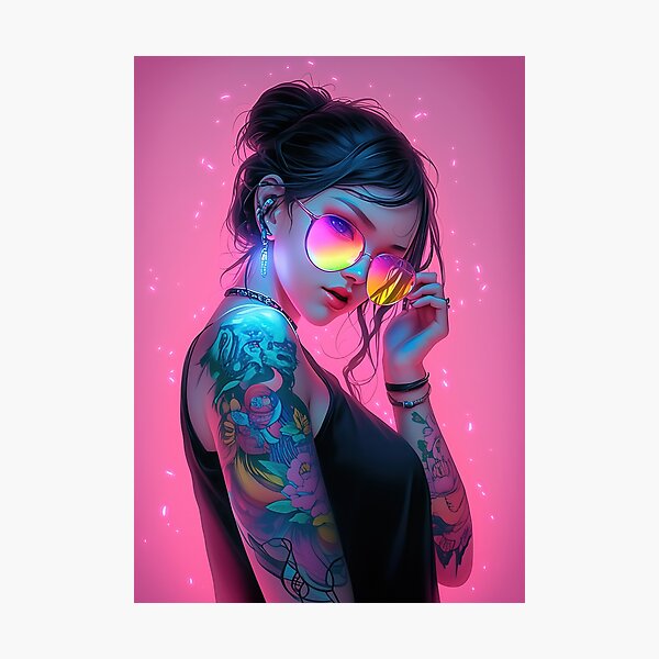 Aperçu de l'œuvre Portrait d'une fille sportive avec des lunettes de soleil arc-en-ciel - Manga art créée et vendue par TheArtistOf2022.