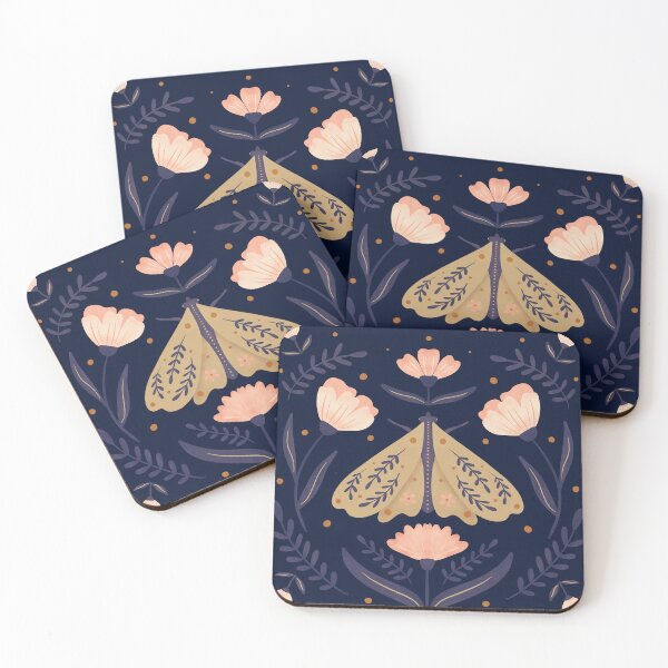 Item preview, Moth and flowers - indigo and beige designed and sold by wackapacka.