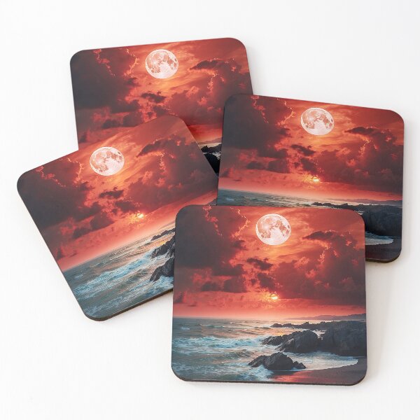 Item preview, Full Red Moon at red sunset on beach - Surreal landscape designed and sold by TheArtistOf2022.