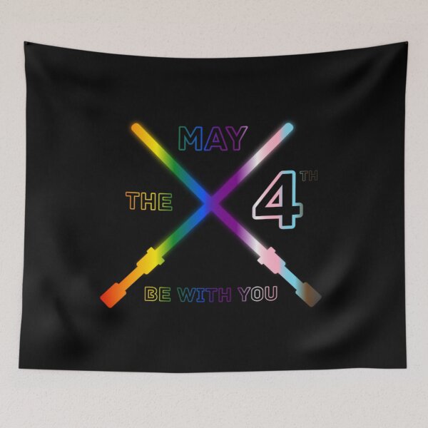 Item preview, May the 4th Be With You, Progress pride flag graphic, Lightsaber Rainbow colors and text graphic, May the Fourth, Space,  designed and sold by PrideBeProud.