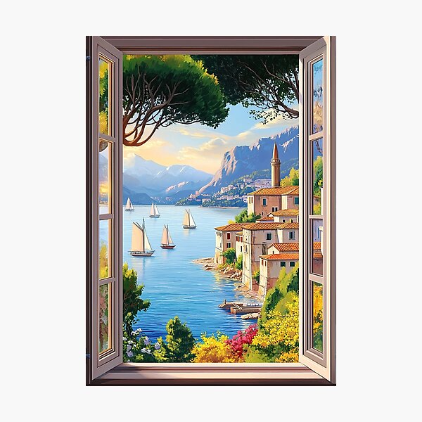 Item preview, Window view over seaside village at sunset with sailing boats designed and sold by TheArtistOf2022.