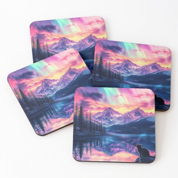 Item preview, Surreal Cat looking at Aurora Northern Lights in Mountain Lake at Sunset designed and sold by TheArtistOf2022.