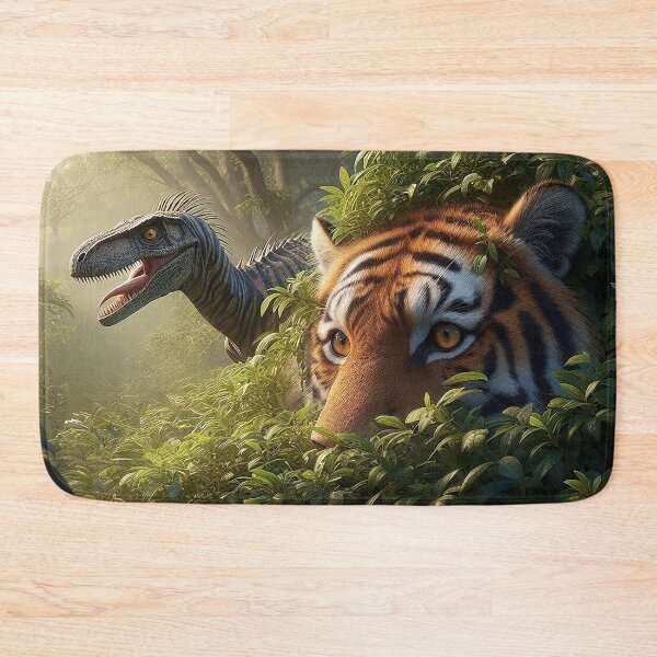 Artikelvorschau, Tiger versteckt sich in einem Busch vor einem jagenden Velociraptor entworfen und verkauft von nikkolaus.