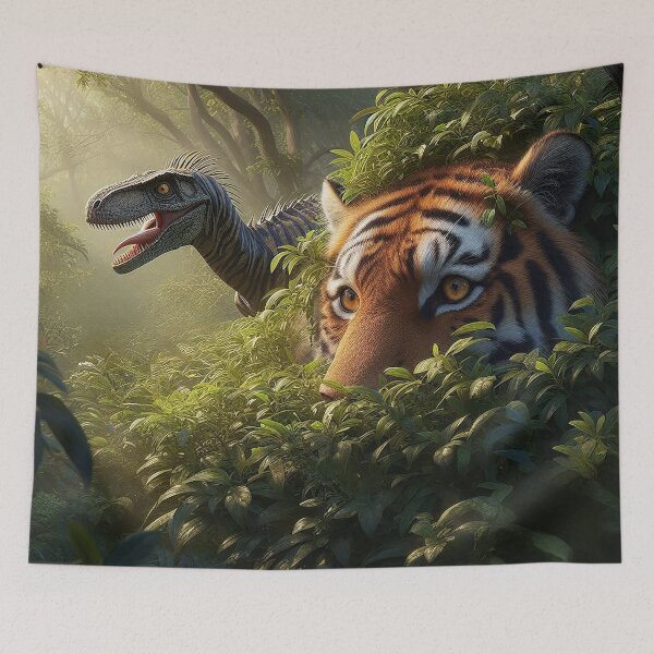 Artikelvorschau, Tiger versteckt sich in einem Busch vor einem jagenden Velociraptor entworfen und verkauft von nikkolaus.
