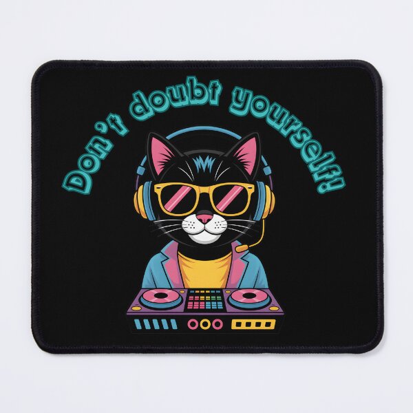 Item preview, Don't doubt yourself, cat DJ wearing sunglasses and headphones, neon colors designed and sold by Araglowcorner.