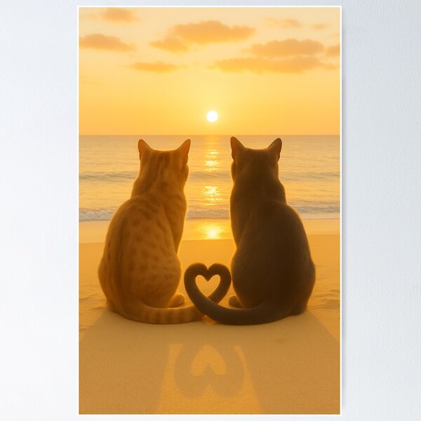Item preview, Cats in Love at Sunset Romantic Beach Heart  designed and sold by memememescat.