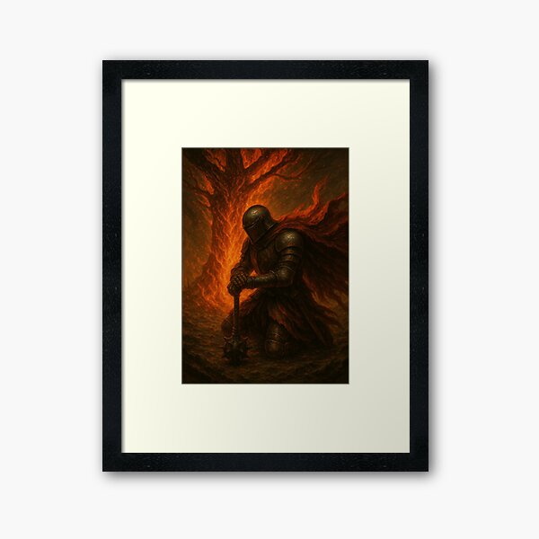 Item preview, Ash Wastes Knight – Kneeling Warrior Before the Burning Tree Art Print designed and sold by Puddhaprints.