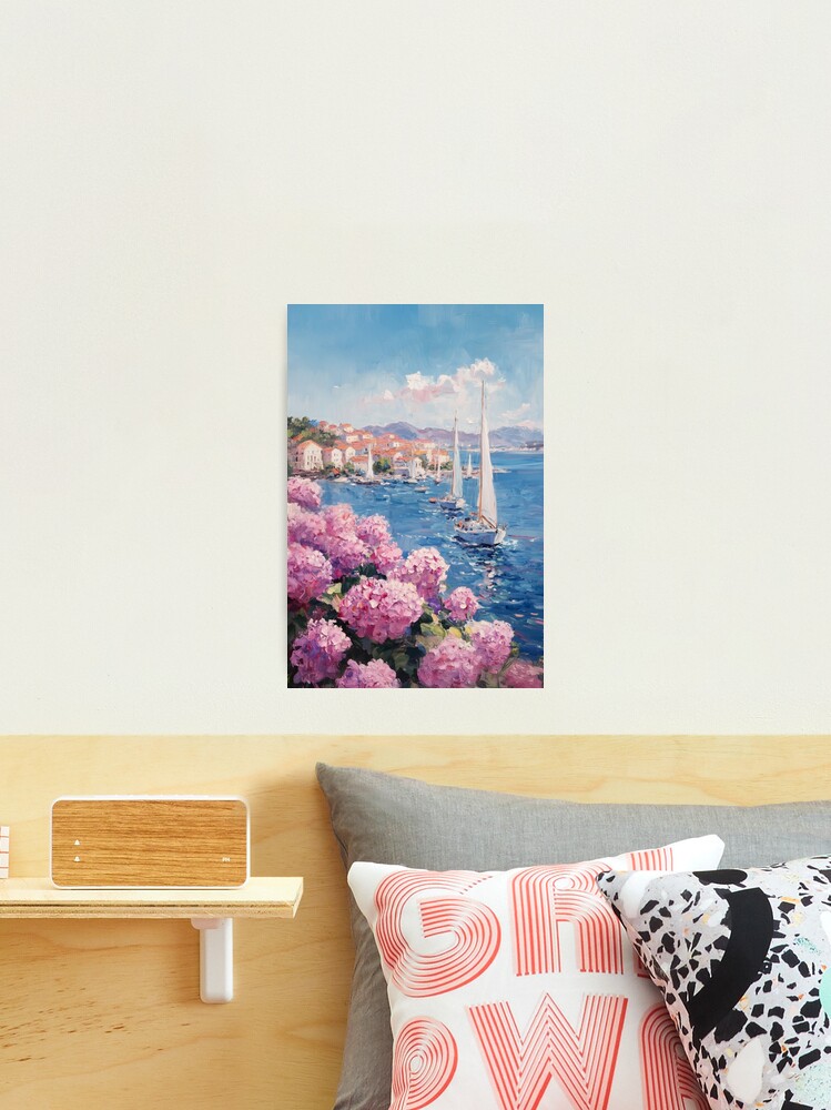 Thumbnail 2 of 3, Photographic Print, Coastal Pink and Blue Hydrangea Flower Ocean Italian Beach with Sailboats designed and sold by Anova-Prints.