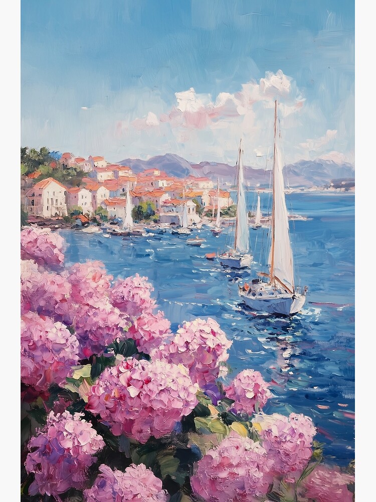 Thumbnail 3 of 3, Photographic Print, Coastal Pink and Blue Hydrangea Flower Ocean Italian Beach with Sailboats designed and sold by Anova-Prints.